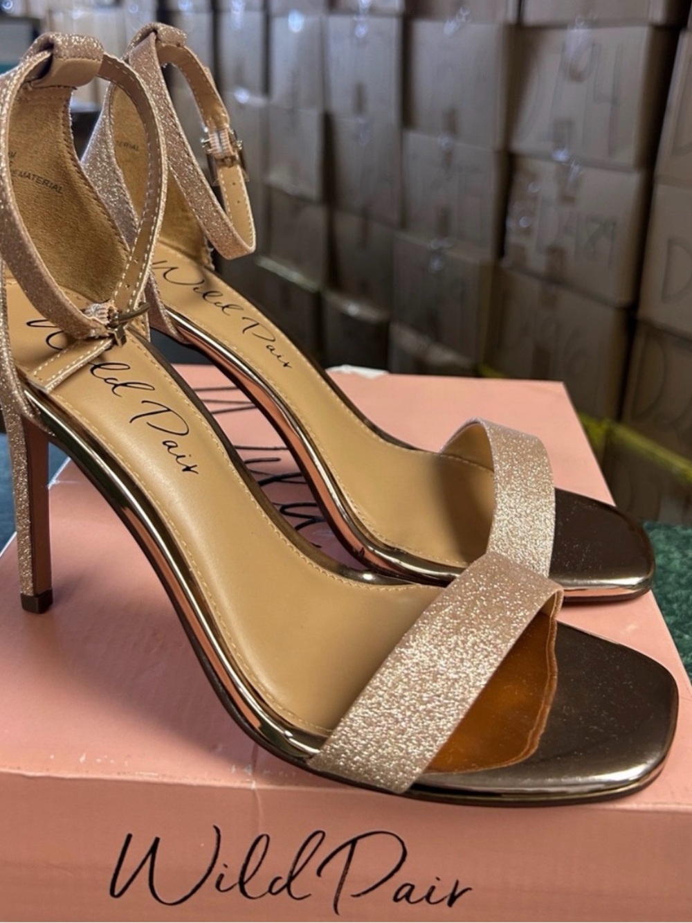 Wild Pair Women's Glitter Ankle-Strap Heels in Rose
